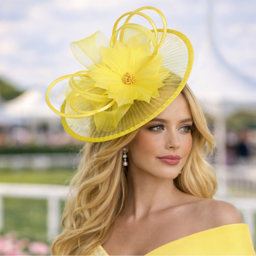 Yellow Kentucky Derby Fascinator Hat – Floral Feather Mesh Fascinator for Derby